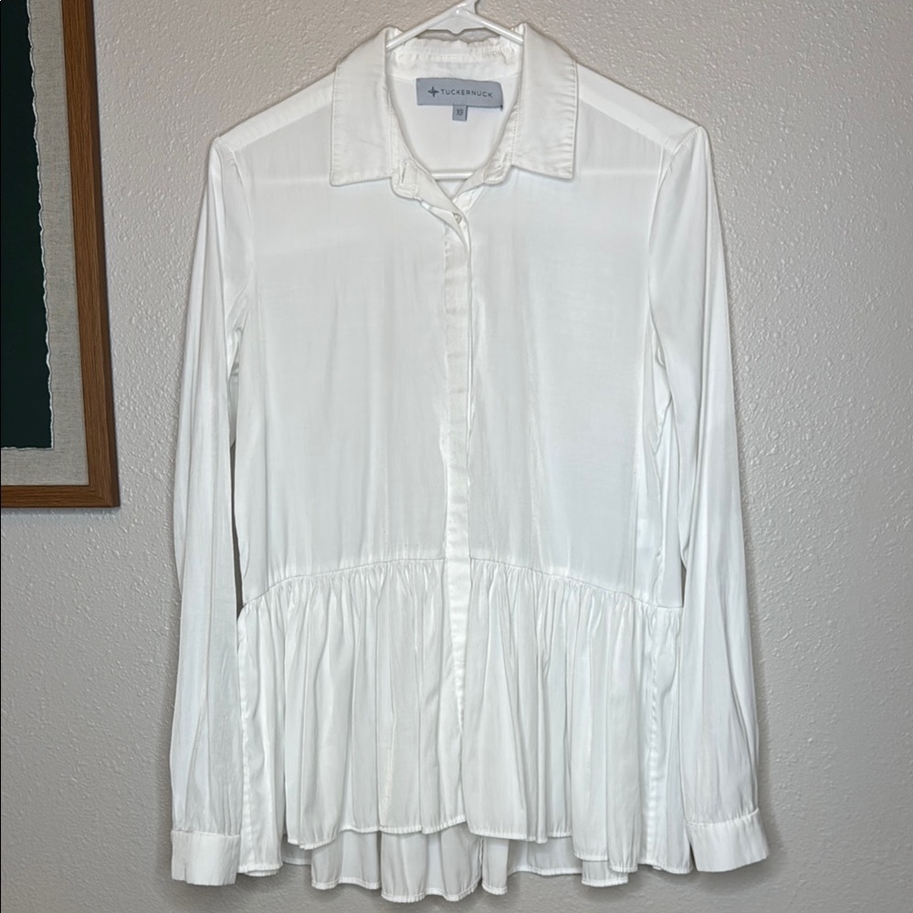Tuckernuck White Peplum Button‎ Down Blouse with Dress Collar XS